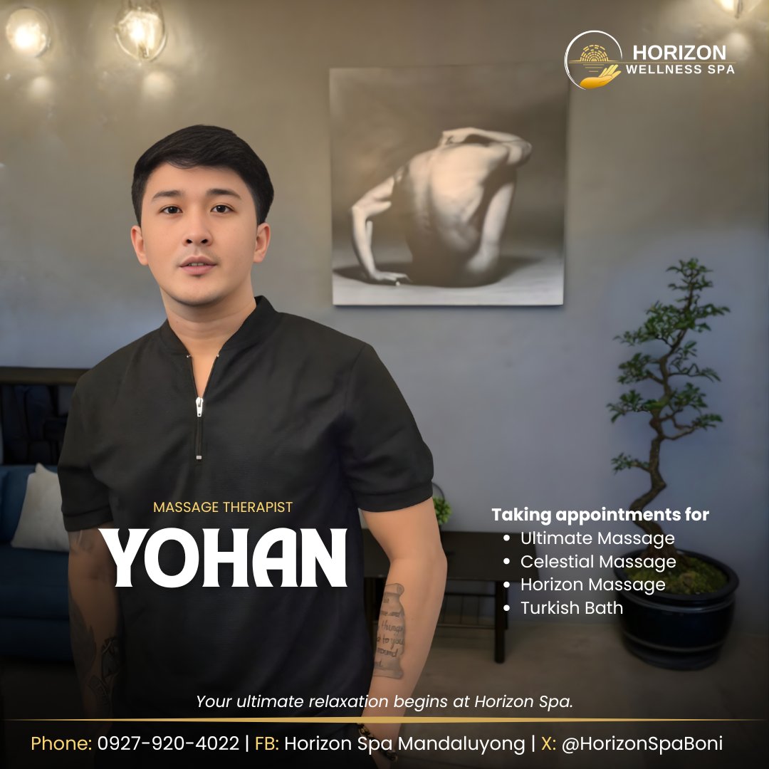 HorizonSpaBoni's tweet photo. YOHAN is on deck today! 🌇 #HorizonSpa

Our NCII-certified therapist is ready to bring you calm, comfort, and that signature Horizon touch. 💆‍♂️

Book your session and let Yohan take care of the rest. 😌 https://t.co/EKQjVYH9UX