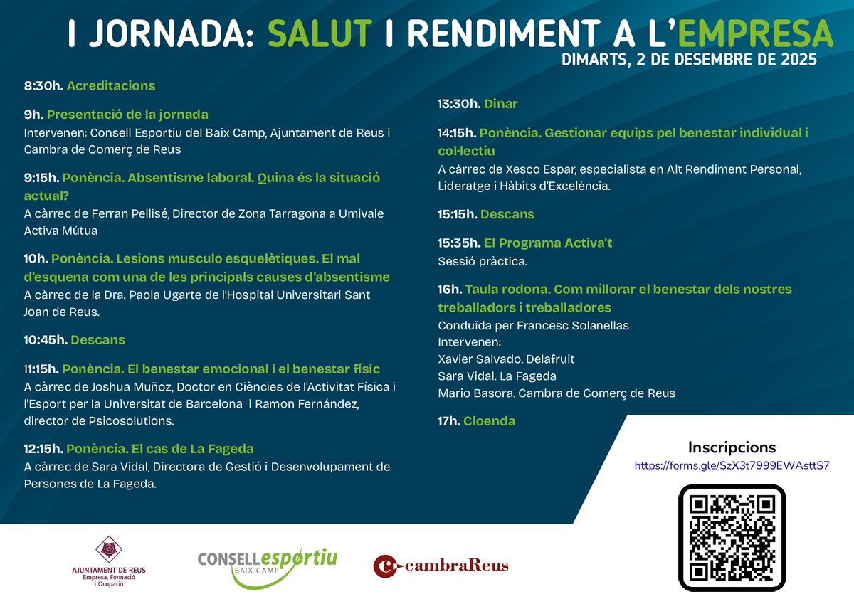 Reus promou el benestar al treball amb la I Jornada Salut i Rendiment a l’empresa

Es tractaran temes com l’absentisme laboral; el benestar emocional i el benestar físic i la gestió dels equips pel benestar individual i col·lectiu.

ℹ️reus.cat/noticia/reus-p…