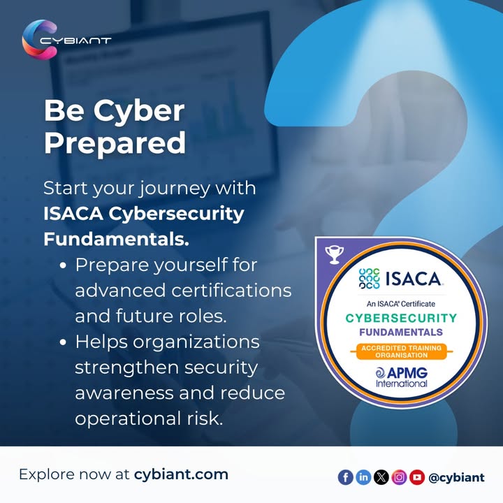 cybiant's tweet image. 🔒 Cyber threats are growing fast. Is your team ready? The #Cybersecurity Fundamentals course teaches practical skills to protect data, secure networks, and respond to attacks. Strengthen your skills and enroll today  👉 zurl.co/nTqYf 

#Cybiant #ISACA