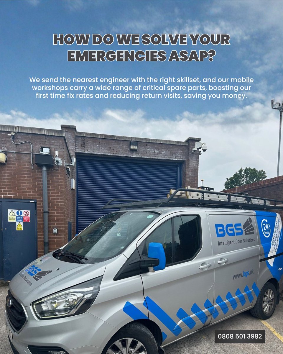 BGSUK247's tweet image. ⚠️  Emergency door or gate failure? At BGS, speed and efficiency are everything. Our engineers arrive with fully stocked mobile workshops, carrying a vast array of critical parts.

✅ Higher first-time fix rates 
✅ Lower costs and less downtime for your business 

📞 08085013982