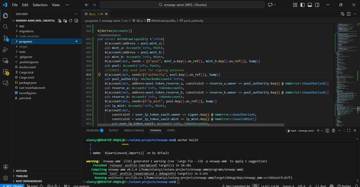 Niyi_dev's tweet photo. Almost done building an AMM from scratch
Just finished building the withdraw_liquidity function
pretty much applied the same concepts i used in the swap and add_liquidity functions
Will be writing test for my smart contract next
building with @Soleerdevs https://t.co/bJ8djmdABm