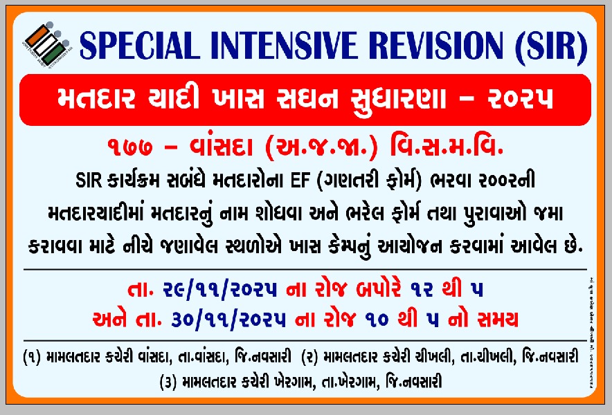 DyDEO_Navsari's tweet photo. Special Intensive Revision (SIR) અંતર્ગત  અત્રે ના જિલ્લામાં મતદારો ના EF (ગણતરી ફોર્મ) ભરવા તેમજ ભરેલ ફોર્મ પરત કરવા માટે  નીચે જણાવેલા સ્થળો એ તારીખ ૨૯ અને ૩૦ નવેમ્બર ના રોજ ખાસ કેમ્પ નું આયોજન કરવા માં આવેલ છે 
#SIR #ECI #ElectoralRoll
@CEOGujarat @ECISVEEP @CollectorNav https://t.co/143o8mdSmj