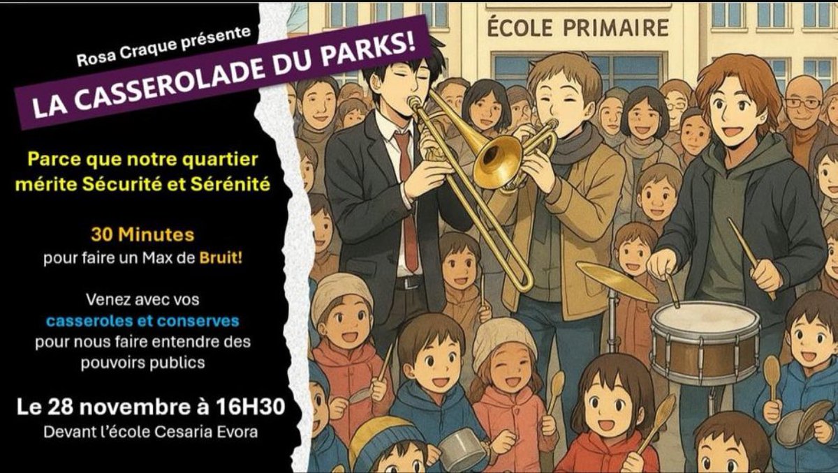 #Rosa Parks se réveille, et ce sera bruyant.
Commerces qui ferment, salariés qui fuient… mais les habitants vivent encore le #crack chaque jour.
Puisqu’on ne nous entend pas, on sonnera le réveil !!
Aujourd’hui 16h30 : Casserolade du Parks !
#Rosa Parks n’est plus silencieux !