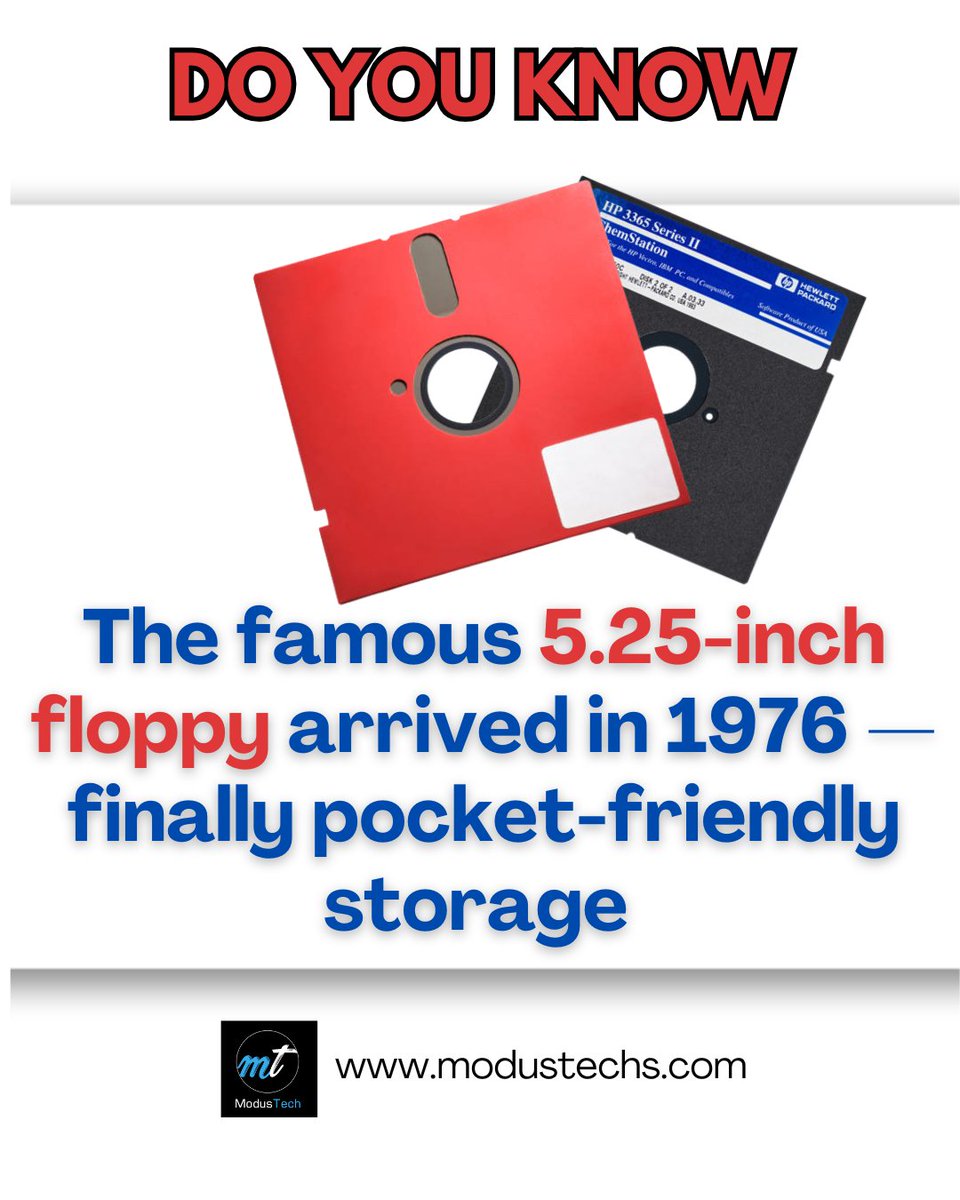 Modustechs's tweet image. IBM's 1967 development of the 8-inch floppy disk introduced a new data storage method. Its size and fragility prompted the 1976 creation of the 5.25-inch floppy, a compact, portable innovation that fueled the late 1970s and 1980s microcomputer boom.