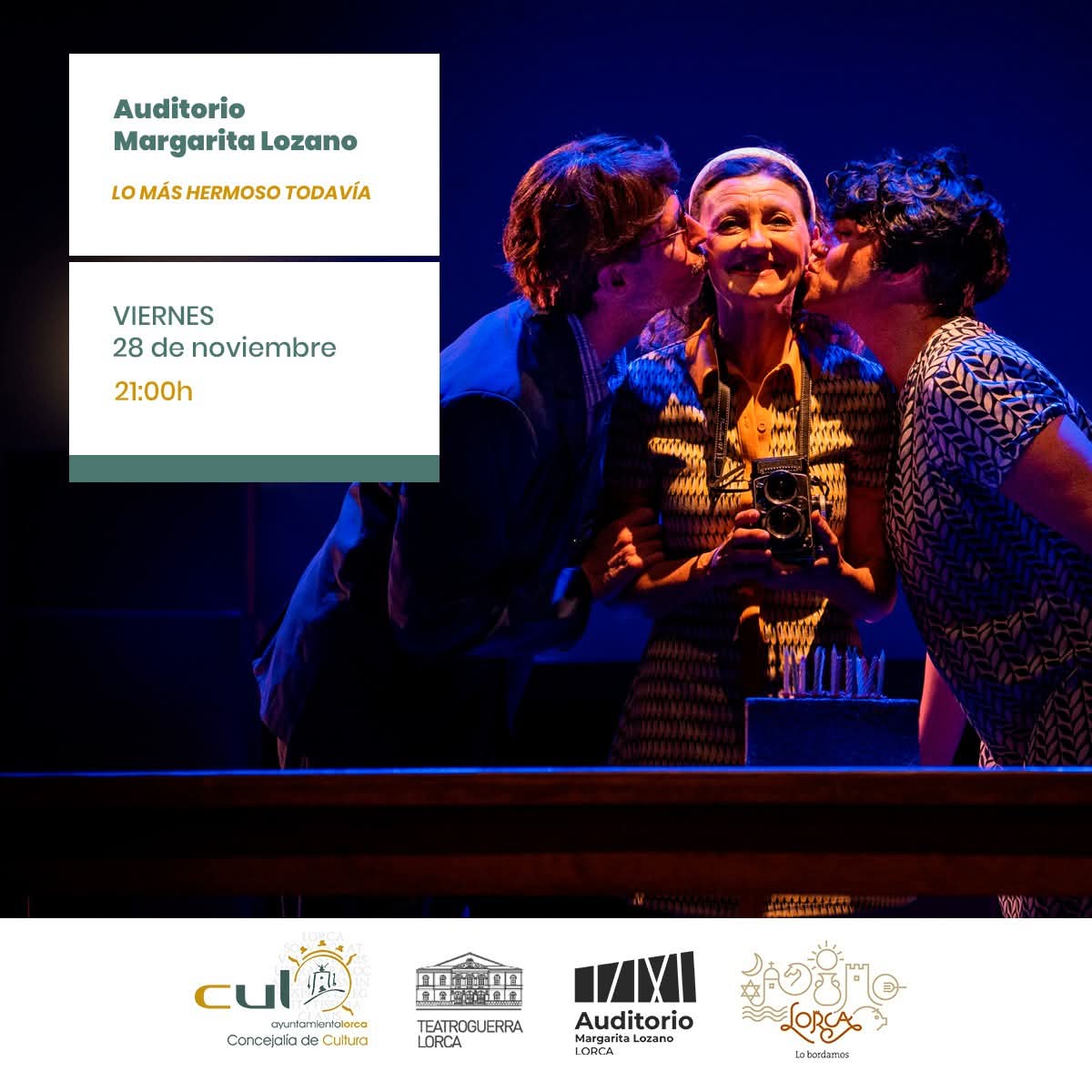 🎭 Esta noche vivimos teatro del que deja huella.

Lo más hermoso todavía llega hoy, viernes 28 de noviembre, a las 21:00 h, en el Auditorio Margarita Lozano.

🎟️ Entradas a la venta: auditoriomargaritalozano.es/evento/lo-mas-…

 #AuditorioMargaritaLozano #LoMásHermosoTodavía #CulturaLorca