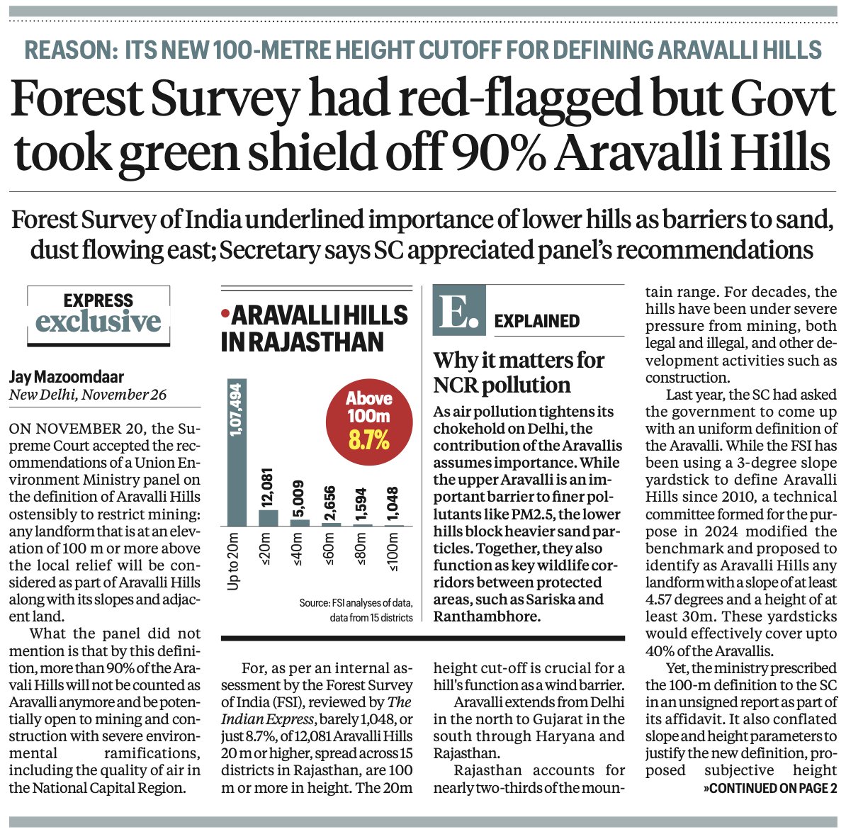 Rajmalhotrachd's tweet image. 1️⃣ What exactly has happened? – The “100-metre Aravalli” twist 🌄⚖️ #Aravalli #SCJudgment #UPSCPrelims

🧩 SC order (20 Nov 2025): Supreme Court accepted a Union Environment Ministry panel’s definition – only landforms ≥100 m above local relief, with associated slopes &amp;amp; adjacent…