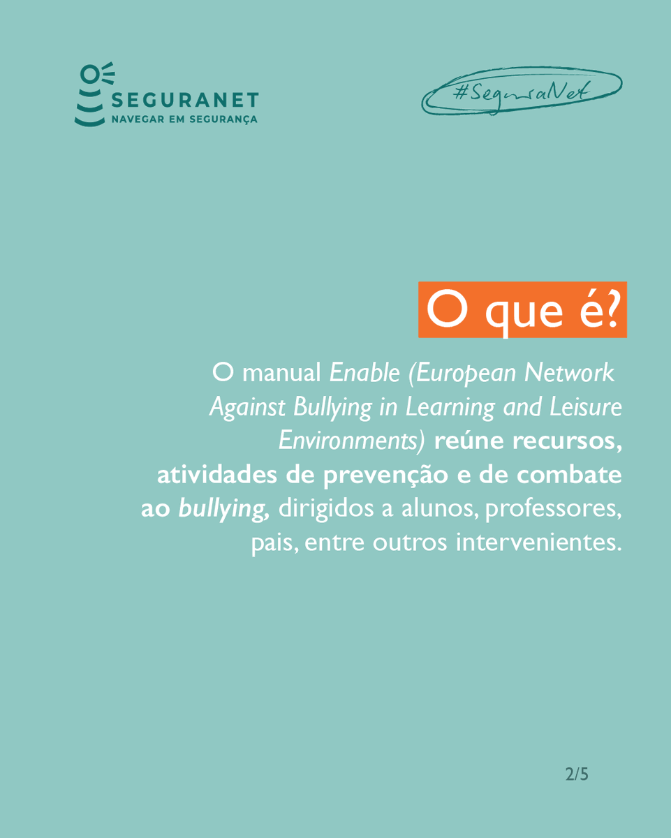 SeguraNet's tweet image. 📘 Manual ENABLE – Prevenção e Combate ao Bullying.

Conjunto de atividades, estratégias e recursos dirigidos a alunos, professores e famílias, para prevenir e reduzir situações de bullying.

Consulte o manuel completo em 🔗 seguranet.pt/sites/default/…

#SeguraNet #ENABLE #Manual