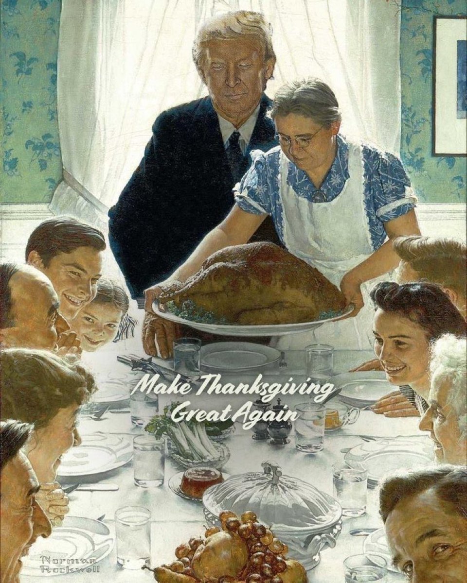 ConquerNicolas's tweet image. Superbe toile de Rockwell, Freedom from Want, revisitée pour l’occasion avec Trump en patriarche pour la fête de Thanksgiving. 🦃