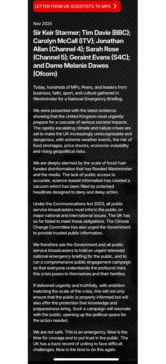 “We are deeply alarmed by the scale of fossil fuel-funded disinformation that has flooded Westminster and the media.” A letter from UK scientists to the PM and our public service broadcasters. Please read this - it’s important and urgent.