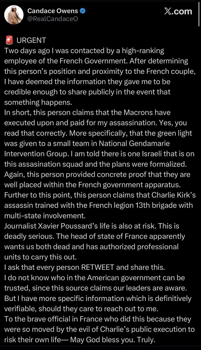 CerfiaFR's tweet image. 🇺🇸🇫🇷 FLASH | La podcasteuse américaine d’extrême droite Candace Owens affirme sans aucune preuve qu&apos;Emmanuel et Brigitte Macron voudraient la faire ASSASSINER par le GIGN en raison de ses &quot;révélations&quot; sur le genre de Brigitte Macron. Elle affirme également que la Légion…