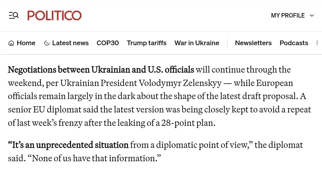 nexta_tv's tweet image. Washington has classified the new “peace plan” for Ukraine: even the EU has no idea what’s in the document

Politico reports that the updated version of the peace plan for Ukraine is being kept secret even from European officials. According to a diplomat, the contents are…