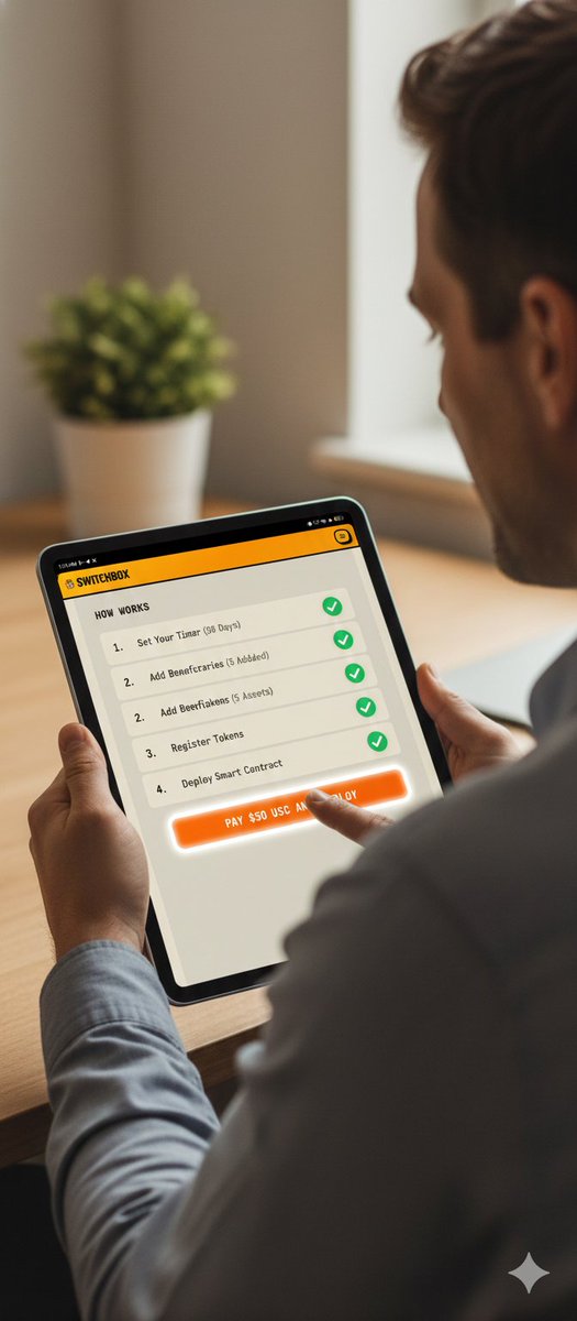 black_bryant01's tweet image. The setup is a simple checklist, not a legal document. 🧾 Set your timer, assign beneficiaries (and percentages), and register your tokens. Deploy your SWITCHBOX contract with a one-time fee. Done. ✅ @theswitchdapp @Officialtim314  #BASE  #SWITCHBOX #treadcontest $DEAD