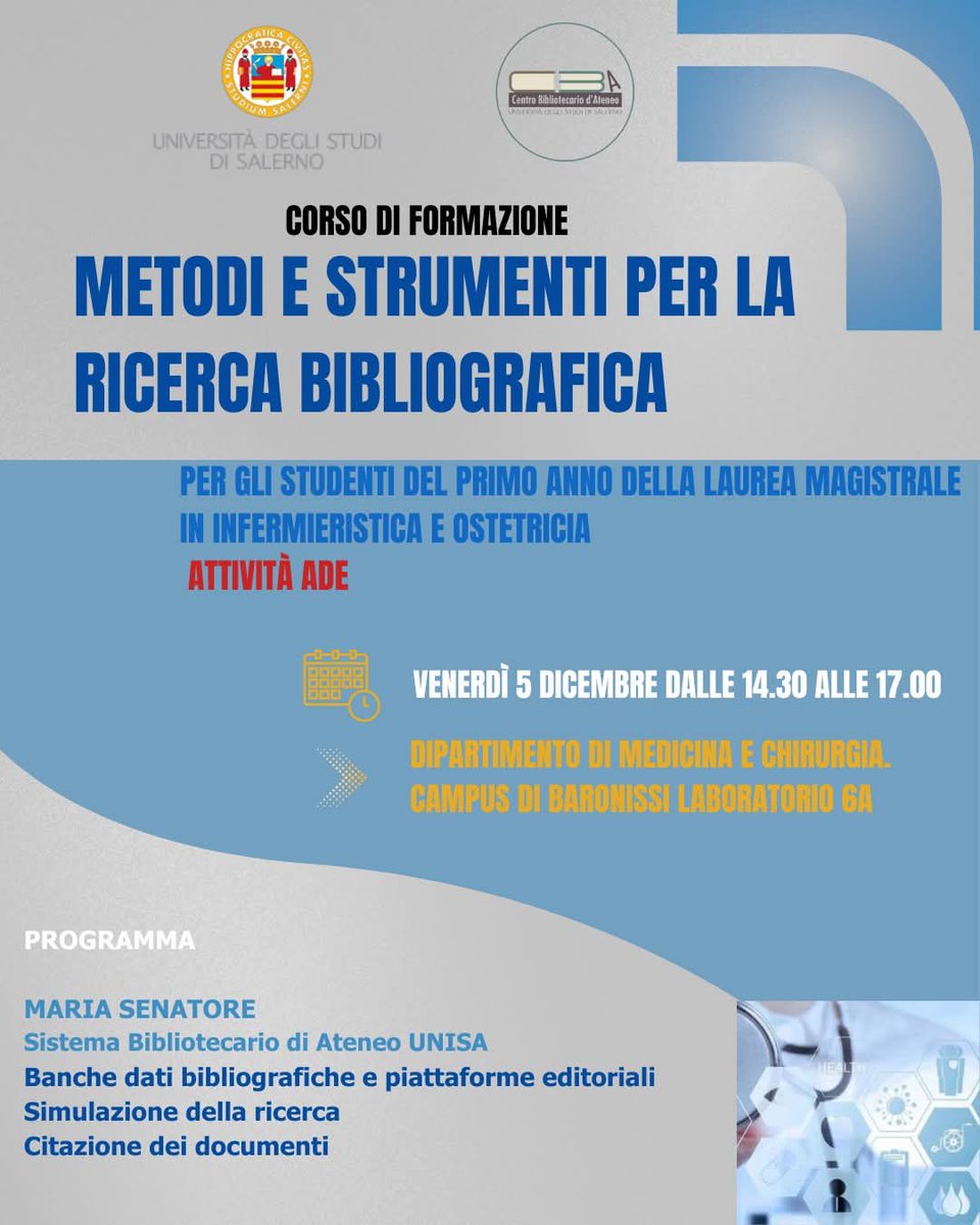 #CBAforma Seminario dedicato a studenti del 1 anno di Infermieristica e Ostetricia. L’incontro offrirà una guida uso principali banche dati biomediche, alle tecniche di ricerca e alle buone pratiche di citazione.
La partecipazione è valida per il riconoscimento delle Attività ADE