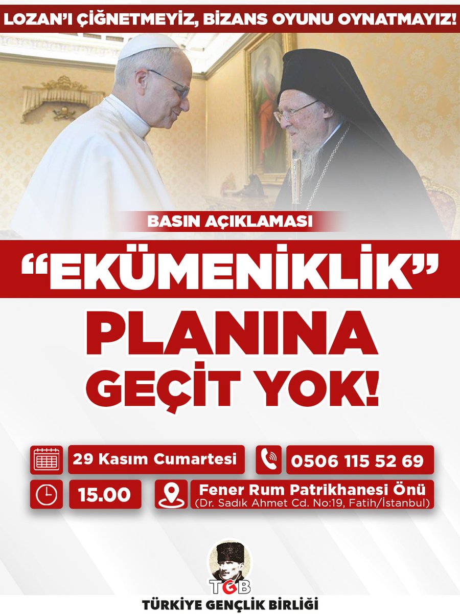 Papa'nın Türkiye ziyareti basit bir  ziyaret değil, arkasında siyasi emeller var:

➡️ Lozan'ı çiğneyerek Fatih Kaymakamlığı'na bağlı bir din adamı olan Fener Rum Patriği Bartholomeos'a tüm dünya Ortodokslarının lideri anlamına gelen "ekümenik" sıfatını vermek, 

➡️ İstanbul ve