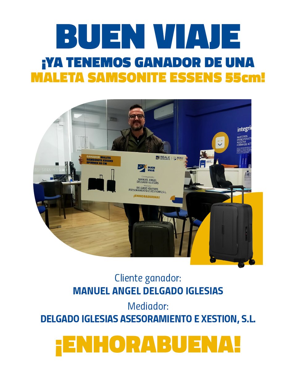 Reale_Seguros's tweet image. |PREMIO 🎁

Felicidades al ganador del sorteo de una #MaletaSamsoniteEssens de nuestra #promoción #BuenViaje.

Delgado Iglesias Asesoramiento E Xesion, S.L. es el encargado de entregar el premio.    

¡Enhorabuena! 👏