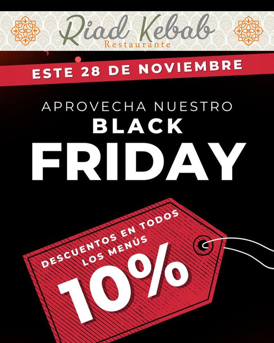 ¡Black Friday en Riad Kebab! 🖤

Solo este viernes 28 de noviembre, disfruta de un 10% de descuento en todos los menús 👌