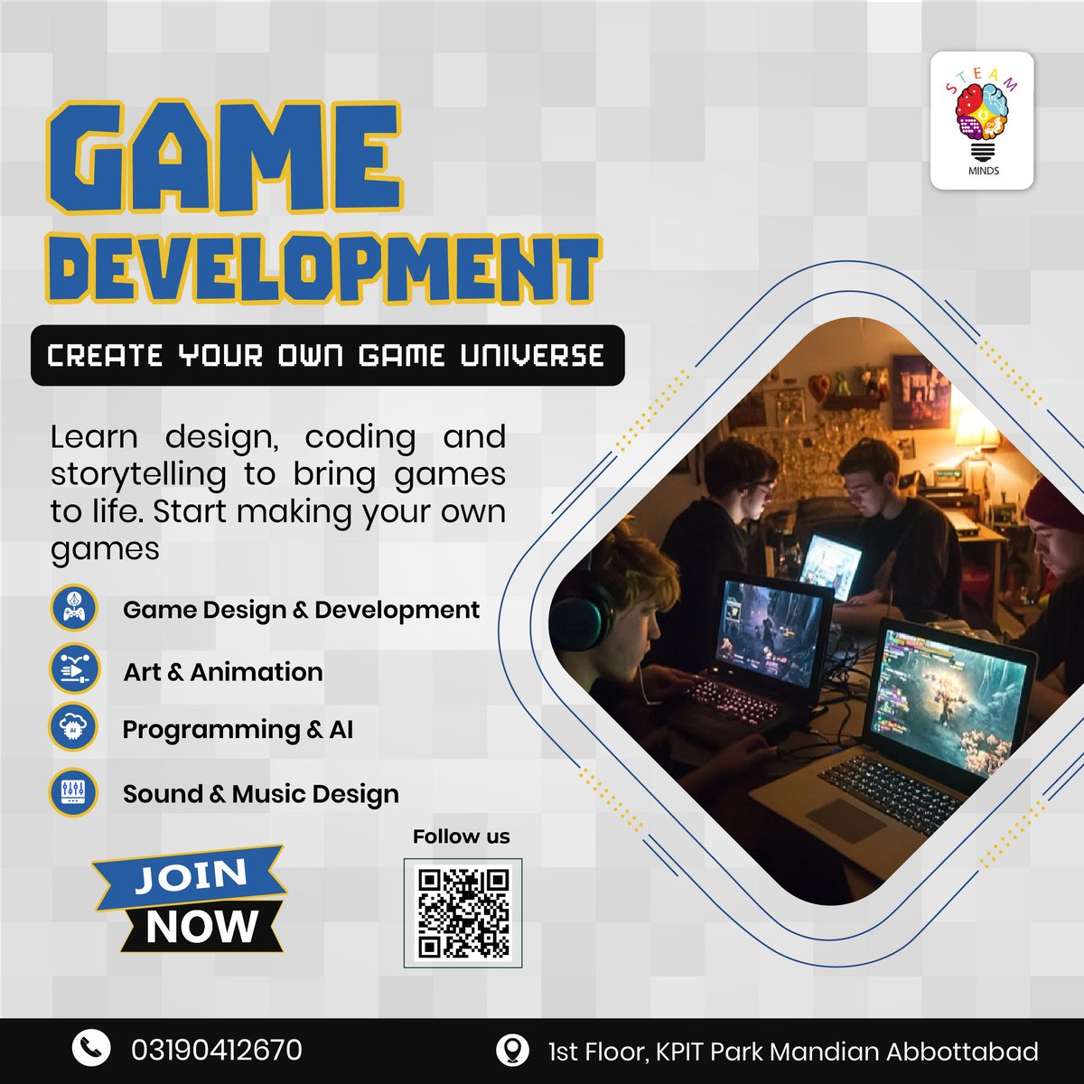 STEAM_Minds's tweet image. Build your own game universe
Learn design, coding, animation &amp;amp; storytelling at STEAM Minds.
Join us today and start creating games that inspire and entertain the world.
.
.
#steamminds #GameDevelopmentCourse #3ddesigning #coursesonline #RegisterNow #skills #online #powermindset