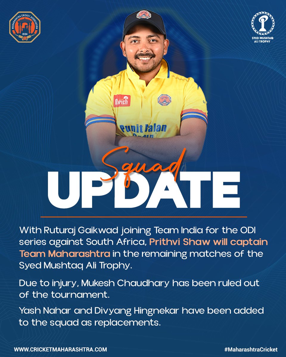 MahaCricket's tweet image. New captain. New energy. Same determination. 💥

Prithvi Shaw steps in to lead Maharashtra in the Syed Mushtaq Ali Trophy as Ruturaj Gaikwad joins Team India.
We wish speedy recovery to Mukesh Chaudhary.
Welcome to the squad — Yash Nahar &amp;amp; Divyang Hingnekar!

#mca #mcacricket…
