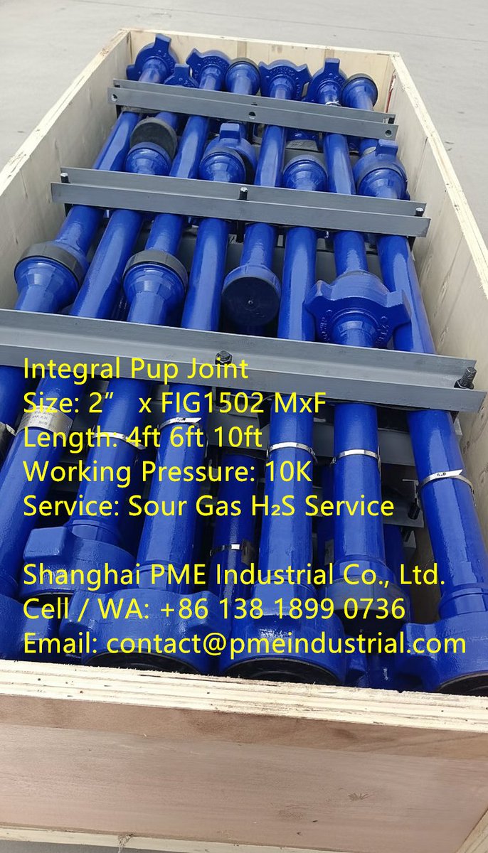sh_pme's tweet image. Integral Pup Joint
2” x FIG1502 MxF 10K
4ft 6ft 10ft
Service: Sour Gas H₂S Service
pmeindustrial.com/integral-pup-j…

Cell / WA: +86 138 1899 0736
Email: contact@pmeindustrial.com

#IntegralPupJoint #SourGasH2SService #10000PsiPupJoint #FIG1502 #HighPressurePupJoint #WellServicePupJoint
