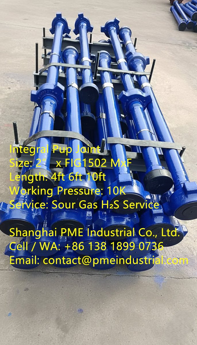 sh_pme's tweet image. Integral Pup Joint
2” x FIG1502 MxF 10K
4ft 6ft 10ft
Service: Sour Gas H₂S Service
pmeindustrial.com/integral-pup-j…

Cell / WA: +86 138 1899 0736
Email: contact@pmeindustrial.com

#IntegralPupJoint #SourGasH2SService #10000PsiPupJoint #FIG1502 #HighPressurePupJoint #WellServicePupJoint