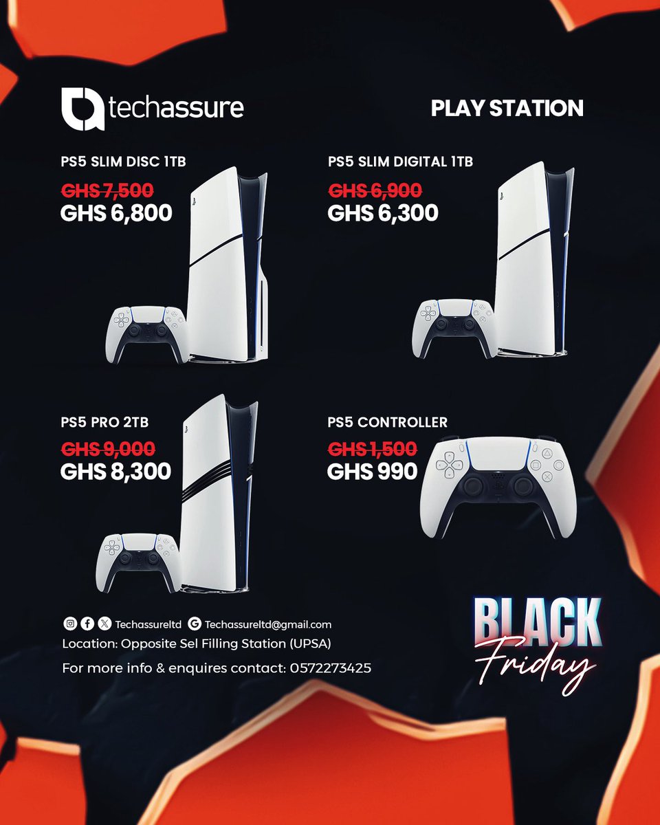 techassureltd's tweet image. ‼️🛎️#blackfriday is here . We have amazing discounts on our Ps5 consoles and controllers.

Rush now 🎉

Contact; 0572273425
Location; UPSA,Madina

#Big25EnergyDay14