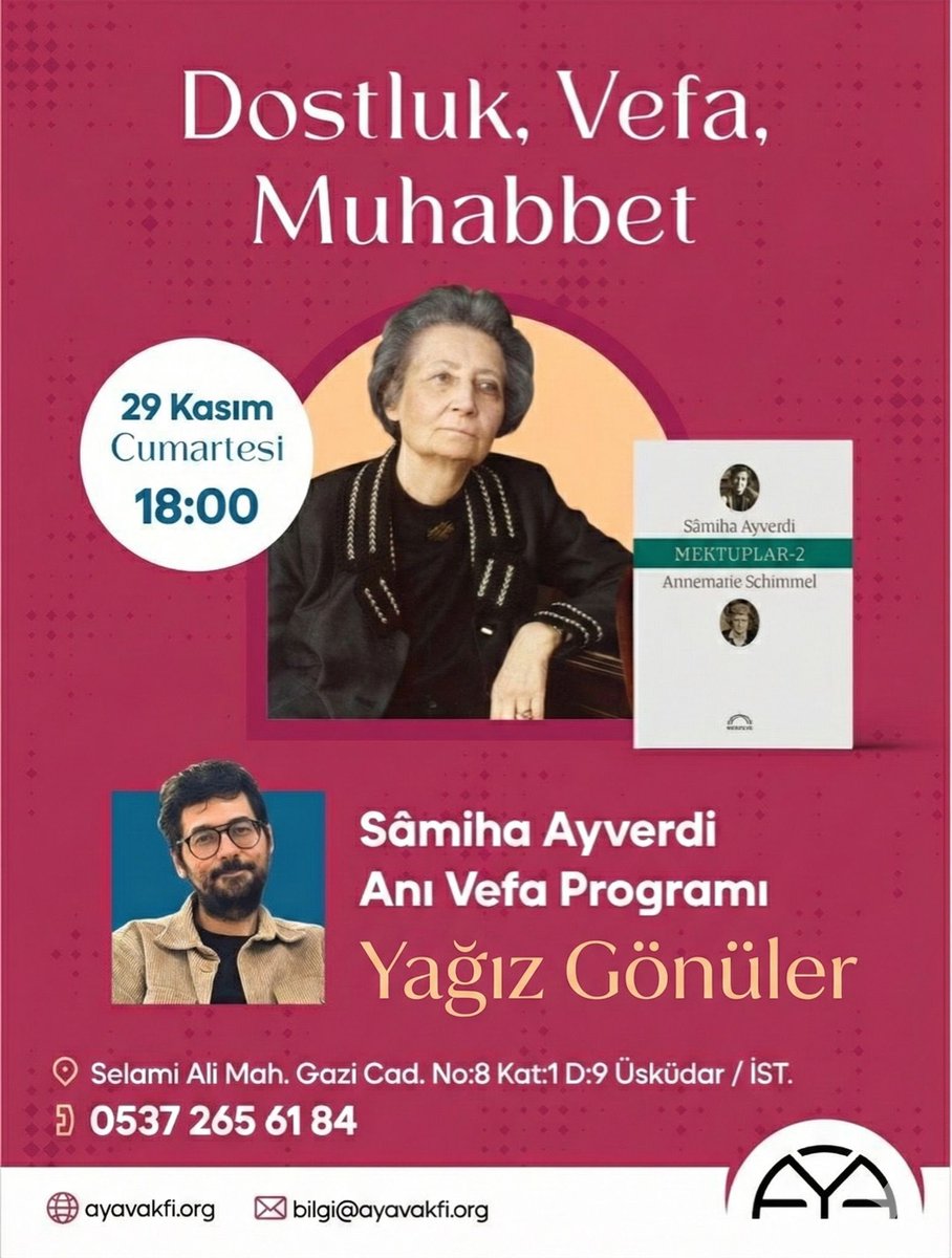 29 Kasım Cumartesi 18.00’de Sâmiha Ayverdi programımıza bekliyoruz. Konuğumuz Yağız Gönüler Annemarie Schimmel’le mektupları üzerinden Sâmiha Ayverdi’yi anlatacak. 
<a href="/ekmekvemushaf/">Yağız Gönüler</a>