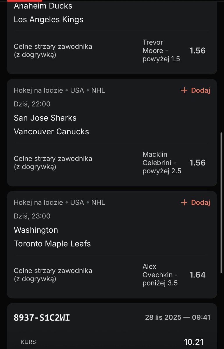 Recreaver's tweet image. Siemaneczko! 
Dziś zapraszam was na strzał w 10! 
Próbujemy pograć kurs @ 10.21, z następującymi typami;

1️⃣ Dylan Larkin +2.5 celnego - @ 1.62

2️⃣ Trevor Zegras +1.5 celnego - @ 1.58

3️⃣ Trevor Moore +1.5 celnego - @ 1.56 

4️⃣ Macklin Celebrini +2.5 celnego - @ 1.56

5️⃣ Alex…
