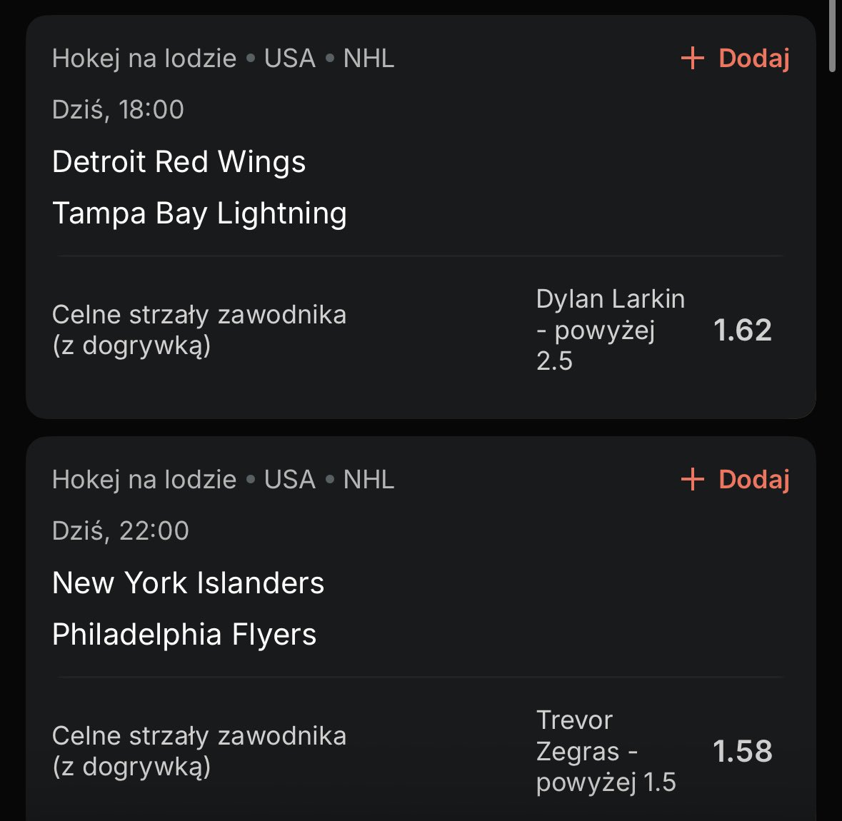 Recreaver's tweet image. Siemaneczko! 
Dziś zapraszam was na strzał w 10! 
Próbujemy pograć kurs @ 10.21, z następującymi typami;

1️⃣ Dylan Larkin +2.5 celnego - @ 1.62

2️⃣ Trevor Zegras +1.5 celnego - @ 1.58

3️⃣ Trevor Moore +1.5 celnego - @ 1.56 

4️⃣ Macklin Celebrini +2.5 celnego - @ 1.56

5️⃣ Alex…