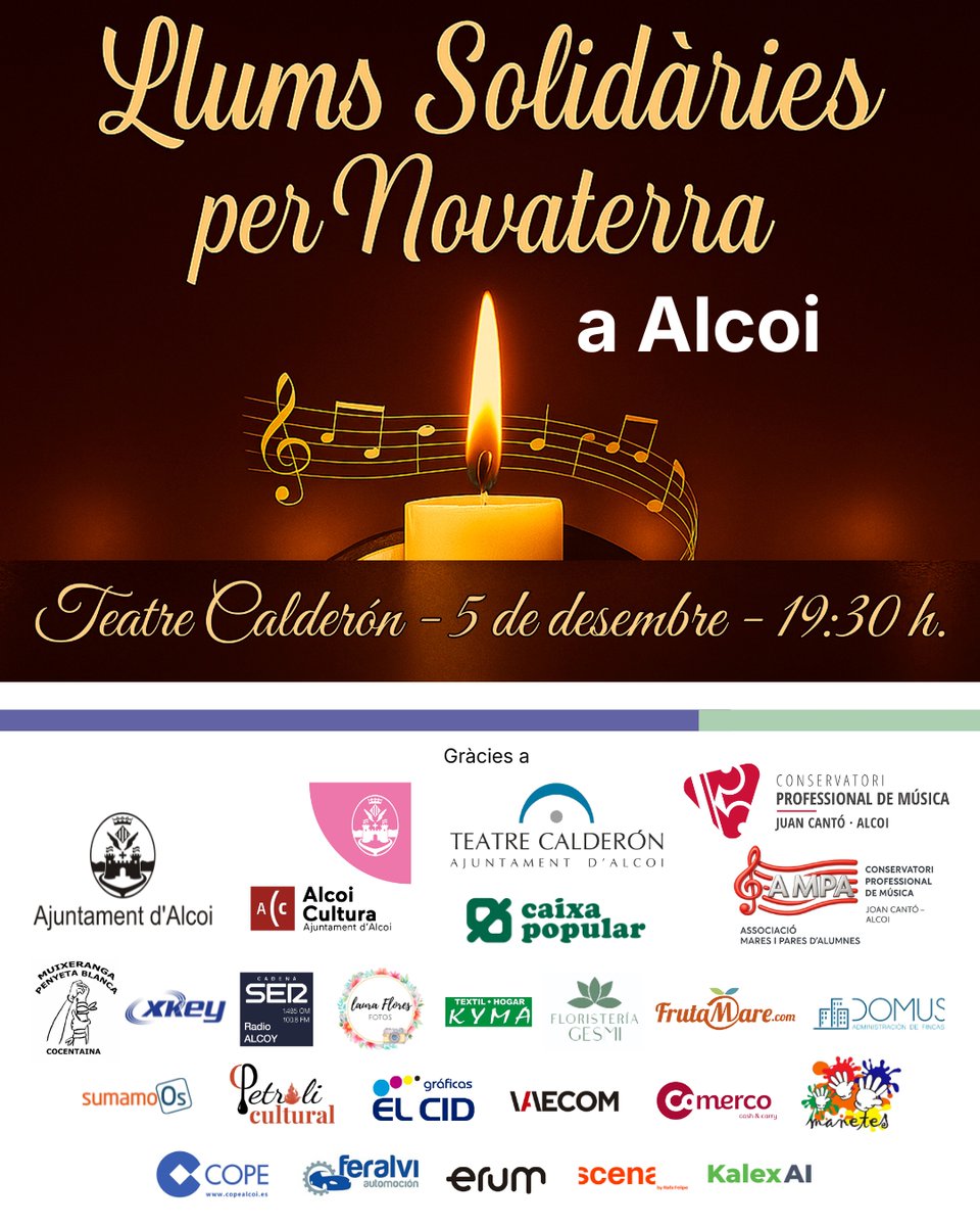 ¡La solidaridad y la belleza se unen en un espectáculo mágico! El próximo viernes, 5 de diciembre de 2025, el Teatre Calderon de Alcoi acogerá "Llums Solidàries per Novaterra" a las 19:30 h. ADQUIERE TU ENTRADA: home.ticketalcoi.com/recintos/teatr…