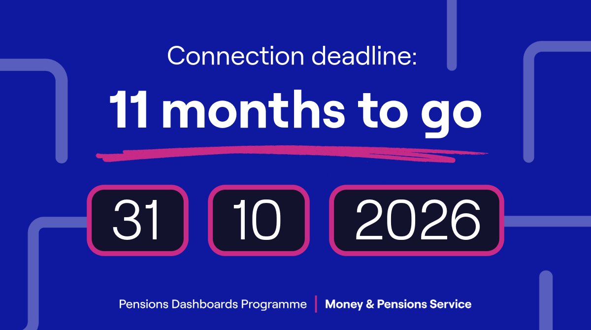 PensionsDboards's tweet image. Just 11 months to go until the final connection deadline for pensions dashboards 🗓️

By 31 October 2026, all pension providers and schemes in scope for dashboards need to have completed connection.

Visit connection hub: ow.ly/bXh050XvNyK

#PensionsDashboards #Connection