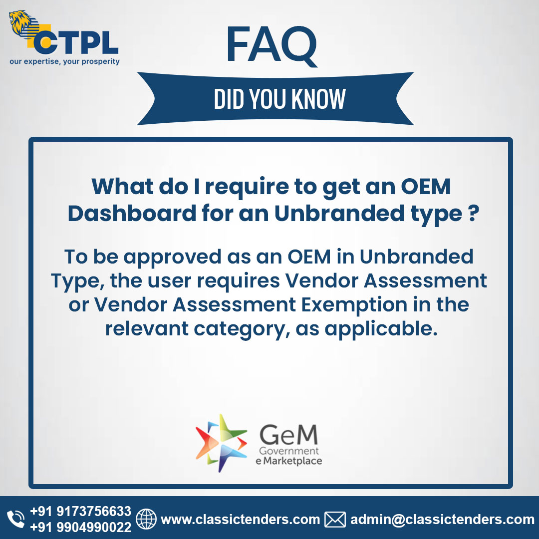 classic_tenders's tweet image. FAQ (Frequently Asked Question) on GeM Portal

For Tender Information, Tender Bidding &amp;amp; 
GeM Portal Related Services. 

Get in touch with us;
Contact Us :  9173756633 |  9904990022
Visit : classictenders.com

#Classictenders #FAQ #faqongem #gemservices #gemserviceprovider