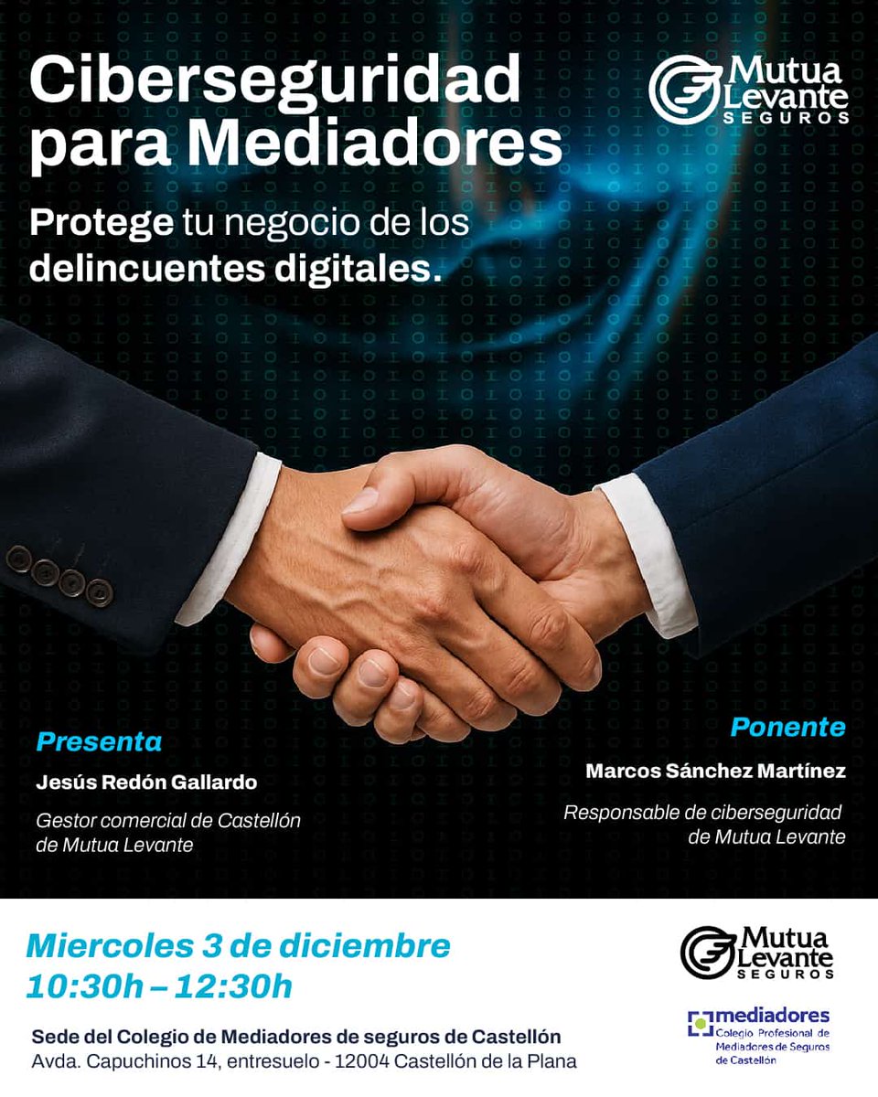 📢 No olvides tu cita con la ciberseguridad

Este miércoles el Colegio de Castellón, junto a <a href="/mutualevante/">Mutua Levante Seguros</a>, organiza una jornada para conocer las amenazas digitales más habituales y cómo proteger tu negocio.

📲 Inscríbete ahora: mailchi.mp/mediadorescast…