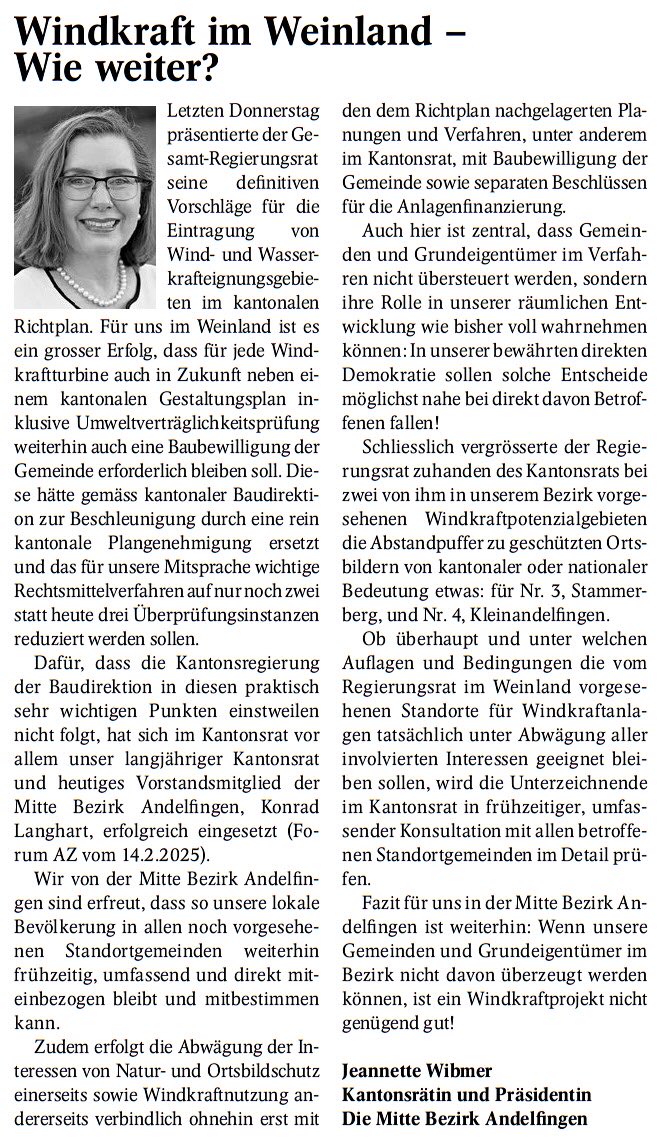 Mitte-Kantonsrätin Jeannette Wibmer: Betroffene Gemeinden und Grundeigentümer müssen bei Windenergieanlagen mitbestimmen. Werteinfluss von Windturbinen auf den Immobilienwert: hev-winterthur.ch/ratgeber/einfl…

#immobilien #immobilienmarkt #hauseigentum #windräder