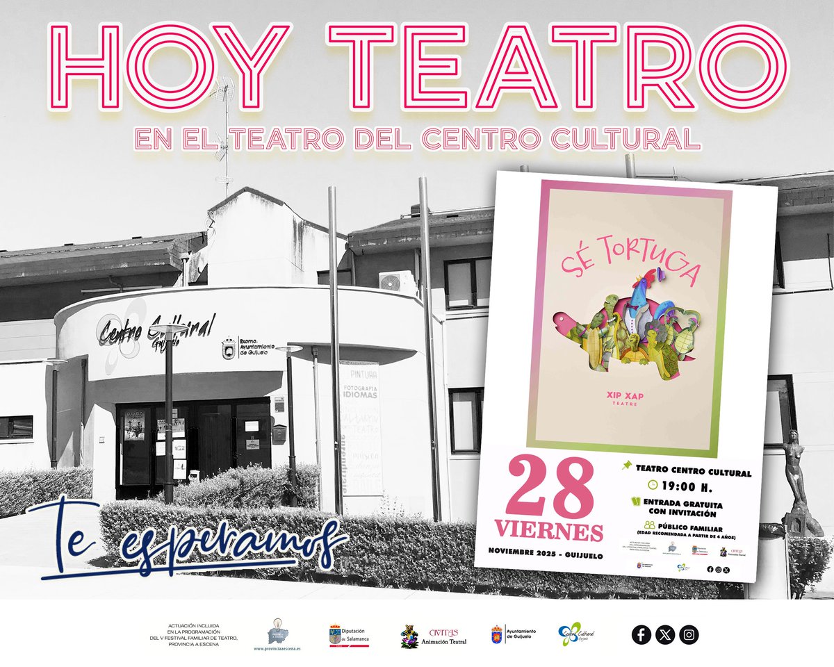 🎭 HOY | 19:00 h
En el Teatro Municipal: «SÉ TORTUGA» de Xip Xap Teatro.
Dirigido a público familiar (desde 4 años).
🎟️ Entrada gratuita con invitación disponible en el Centro Cultural.
Espectáculo del V Festival Familiar de Teatro – Provincia a Escena.
¡Te esperamos! 🐢✨