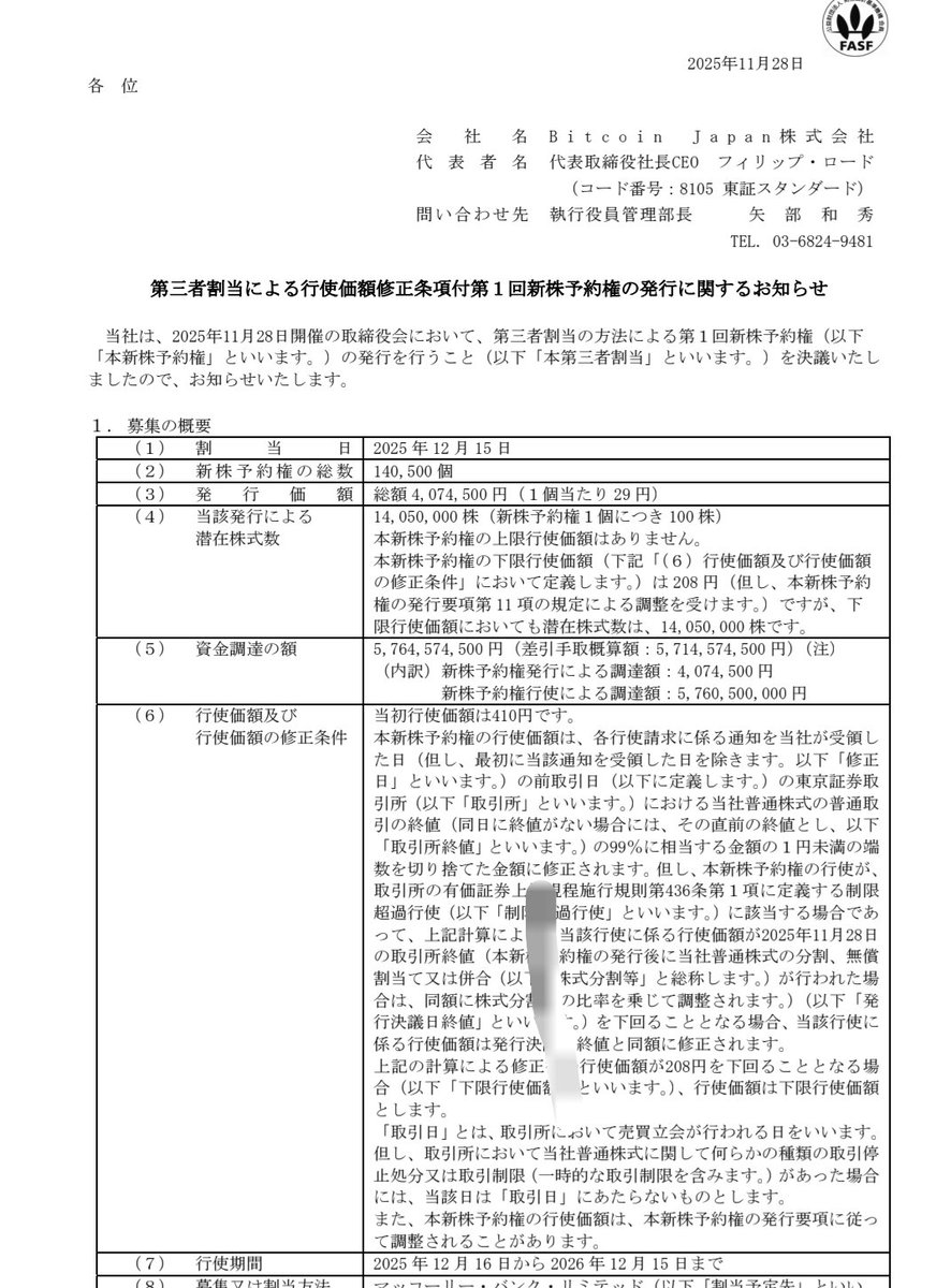 ビットコインジャパン 「旧 堀田丸正」 新株予約権の発行で1405万株 資金調達57.6億円 下限行使価格208円 俺の言った通りになったろ？