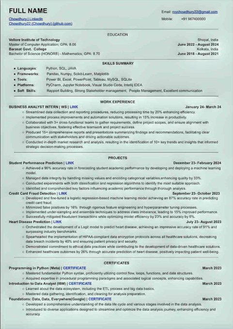 Emdad_AI's tweet image. This Resume helped many in getting an interview calls from companies like Google, Microsoft, Amazon, and many more. 💼

I am sharing the exact editable template for this 🤩

To get it:-
1. Follow me must so i can DM you
2. Like &amp;amp; Repost
3. Reply &quot;Resume&quot;
