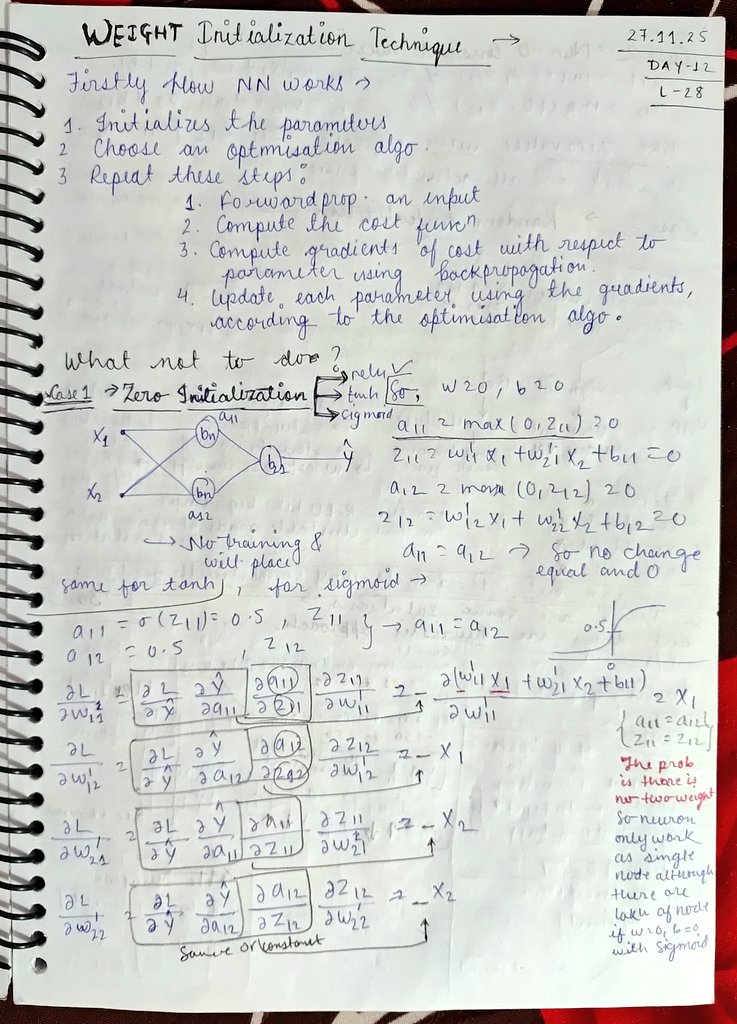Musa_Qureshi_01's tweet image. Today, I learn different way of weight initialization technique and finally I get on the conclusion. Do radomize initialization but with intermediate values..! 28.11.25
#DeepLearning #AI #NeuralNetworks #AIML #GenerativeAI #DLSeries #MLJourney #LearningInPublic #TechCommunity