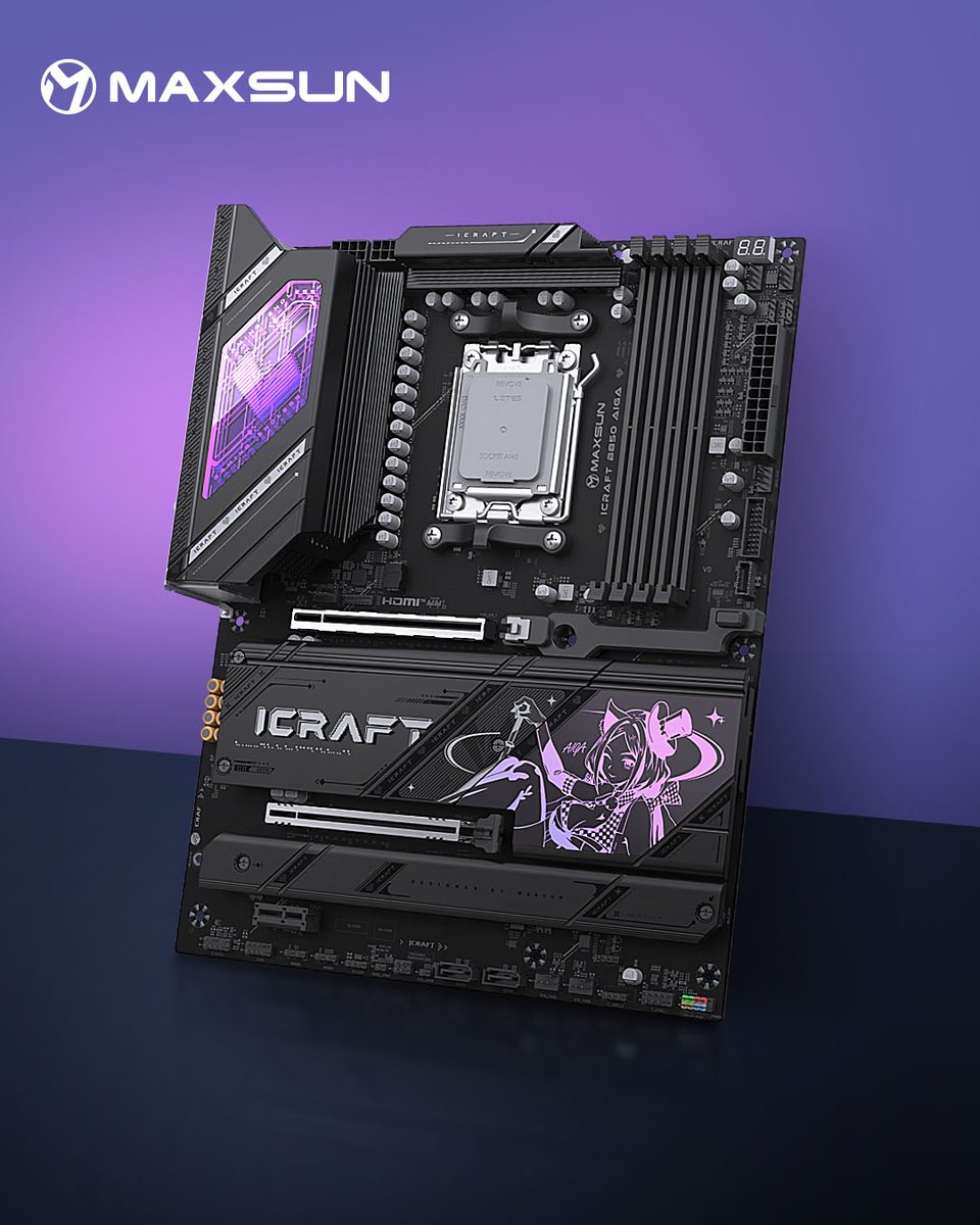 MaxsunOfficial's tweet photo. AIGA shines bright beneath the purple neon glow.🟣
Wondering how she looks once she becomes part of a full PC build?
#MAXSUN #AIGA #BuildShowcase #AMD #Motherboard https://t.co/72t0f24ALR
