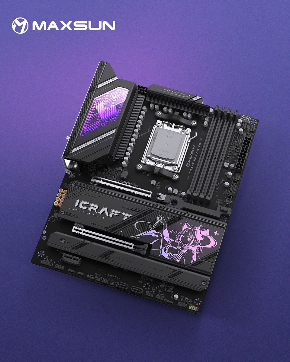 MaxsunOfficial's tweet photo. AIGA shines bright beneath the purple neon glow.🟣
Wondering how she looks once she becomes part of a full PC build?
#MAXSUN #AIGA #BuildShowcase #AMD #Motherboard https://t.co/72t0f24ALR