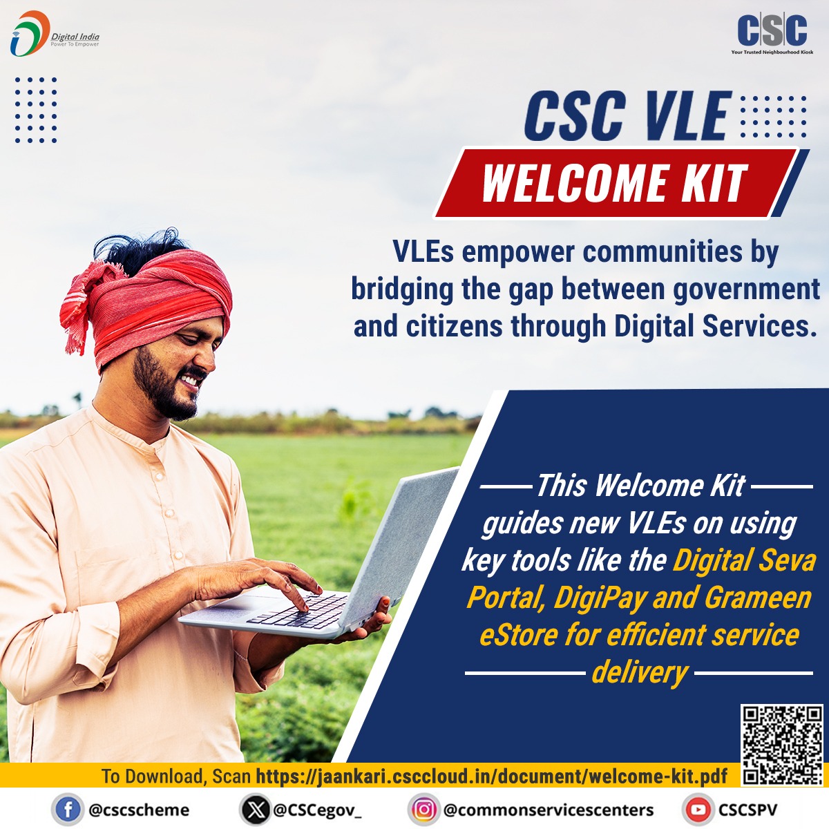 CSCegov_'s tweet image. CSC VLE Welcome Kit...

VLEs empower communities by bridging the gap between government and citizens through digital services. This Welcome Kit guides new VLEs on using key tools like the Digital Seva Portal, DigiPay, and Grameen eStore for efficient service delivery.

To…