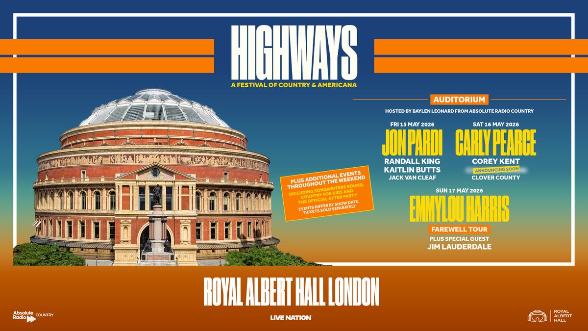 LiveNationUK's tweet image. ON SALE: @HighwaysFest returns to London's @RoyalAlbertHall in May! With headline performances from @JonPardi, @carlypearce &amp;amp; @EmmylouSongbird + an incredible line-up of Country and Americana’s brightest stars ⭐️
🎟️ Get tickets
👉 livenation.uk/kBVr50XwS0S