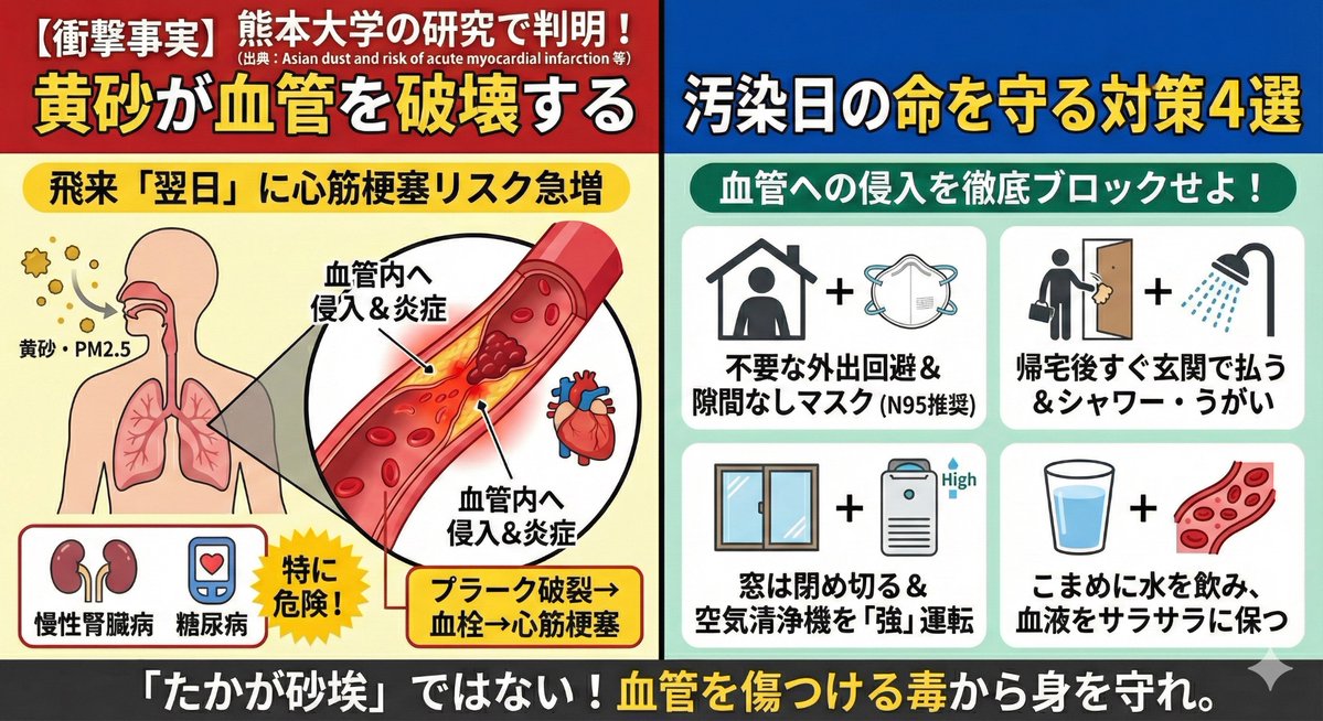【心臓を守りたい人へ】 
天気予報の「黄砂」をスルーしないで。実はコレ、空飛ぶ"心筋梗塞"の原因。黄砂やPM2.5が血管内で炎症を起こし、心筋梗塞のリスクを高める。「高血圧の人」「腎臓病の人」「糖尿病の人」「飛来翌日」は特に注意。窓を開けるのは危険。救命士として伝える、汚染日の対策は↓