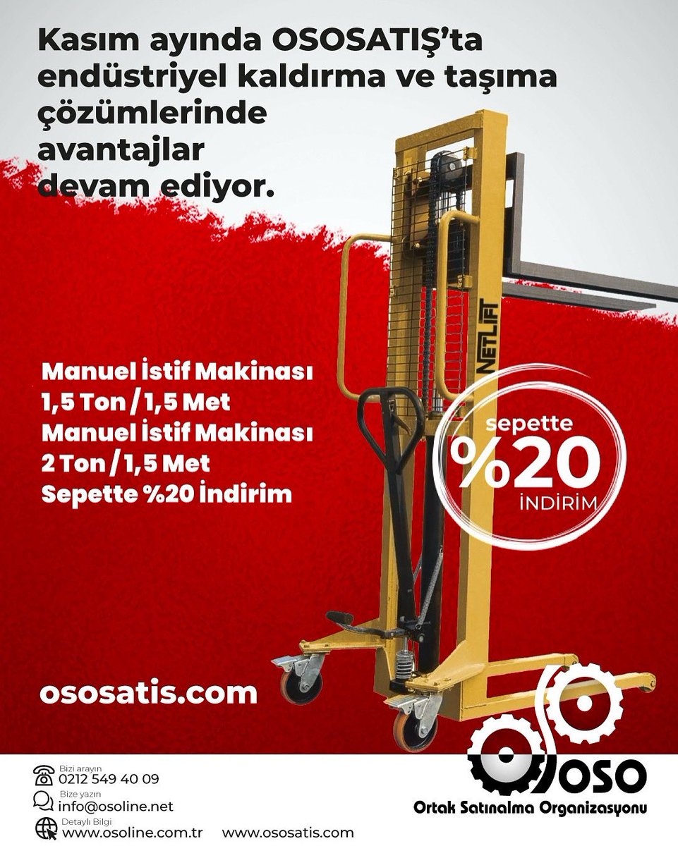 Kasım ayında OSOSATIŞ’ta endüstriyel kaldırma ve taşıma çözümlerinde avantajlar devam ediyor.

👉  ososatis.com/manuel-istif-m…
#ManuelİstifMakinesi #İstiflemeEkipmanları #EndüstriyelMakine #DepoÇözümleri #Sanayi #OSO #OsoSatış #OsoLine #KasımFırsatları
