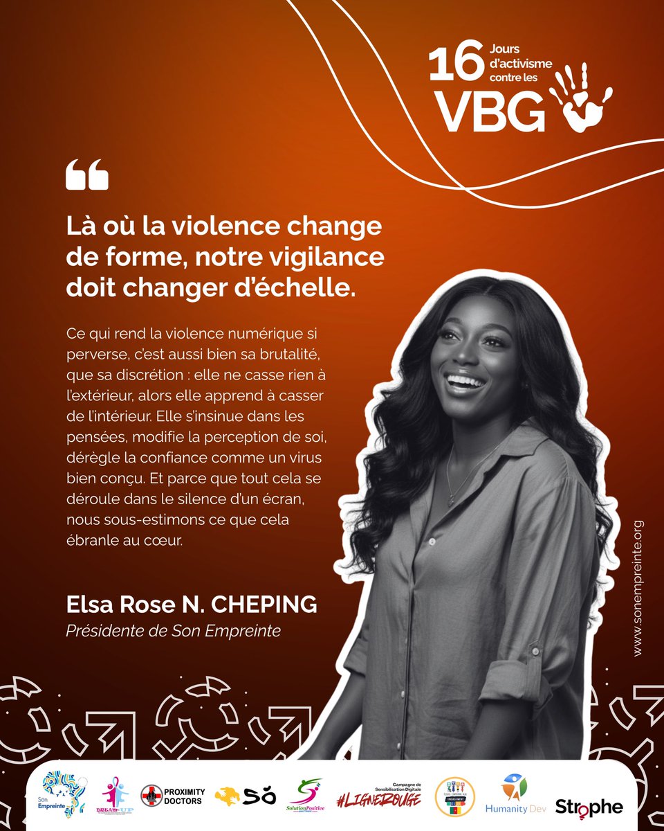 🟧 16 Jours d’Activisme contre les #VBG
✨ Message du jour — Parole de la Présidente de #SonEmpreinte  

« Là où la violence change de forme, notre vigilance doit changer d’échelle. »