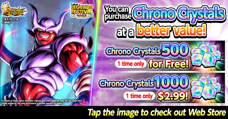 DB_Legends's tweet photo. [Web Store Sale On Now!]

Get even better deals on Chrono Crystals and other items than in the app through the Web Store!

Don't miss your one chance to get 500 Chrono Crystals for free on the Web Store now!

#DBLF2025
#DBLegends
#DragonBall