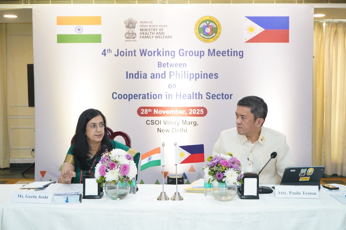 MoHFW_INDIA's tweet photo. Advancing India–Philippines cooperation in health 🇮🇳🤝🇵🇭

The 4th Joint Working Group Meeting between India & Philippines on Health Sector Cooperation was held today in New Delhi, co-chaired by Ms. Punya Salila Srivastava, Union Health Secretary, Government of India, and Atty. Paolo S. Teston, Director General, FDA Philippines.

Enriching discussions unfolded during the meeting on priority areas including Digital Health, ABDM, strengthened Pharma & Vaccine collaboration, Healthcare professionals exchanges, HIV/AIDS strategies, and Traditional Medicine — paving way for deeper collaboration.

#HealthForAll #HealthPartnerships
#IndiaPhilippines