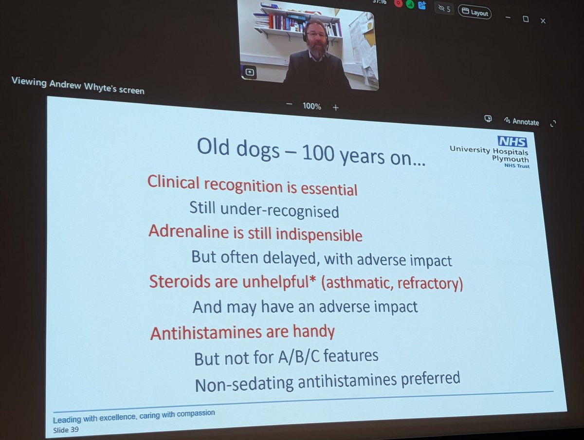 Anaphylaxis top tips from Andrew Whyte at #rcpeStAs25 

Key take home points:
- do NOT delay IM adrenaline
- no role for steroids (may actually cause more harm than good, as early use associated with increased ITU requirement)