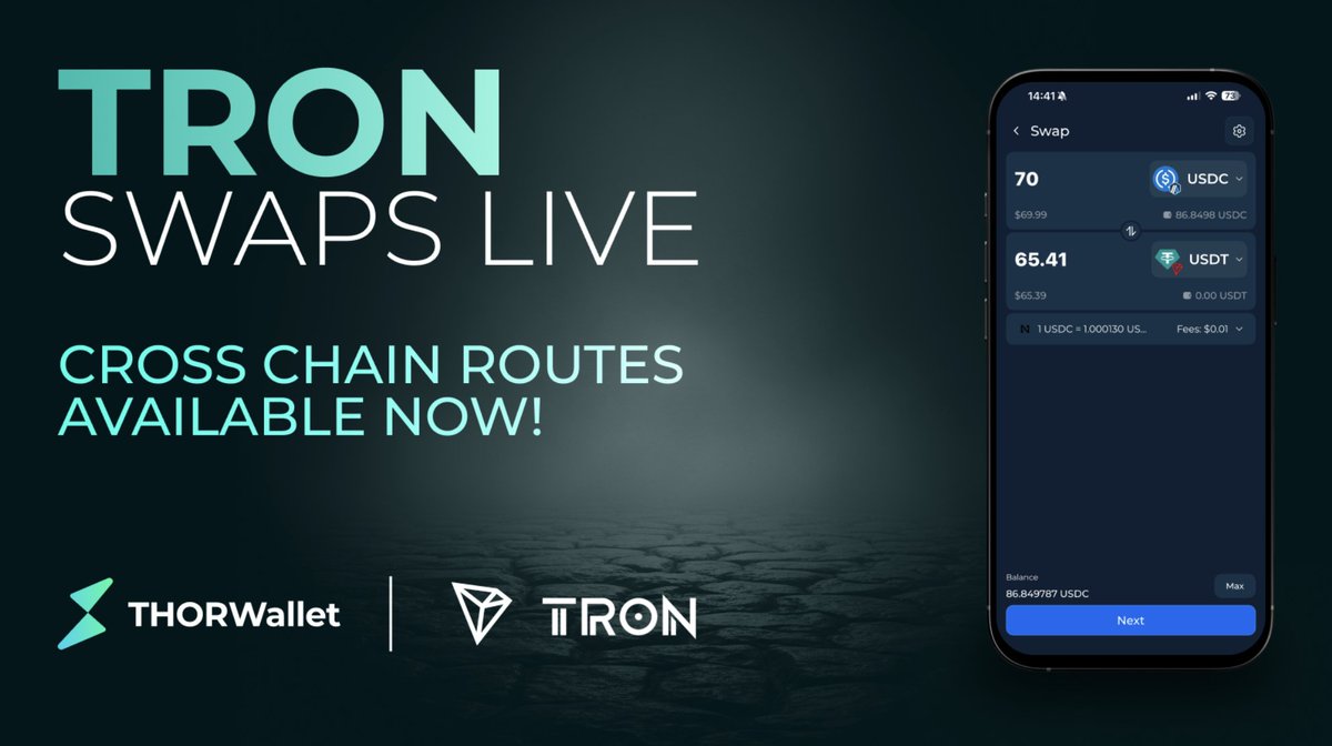 ⚡️ @Thorwallet integrates TRON blockchain support, enabling cross-chain  swaps for TRX and USDT (TRC-20). Users can now swap between TRON and  networks like Bitcoin, Ethereum, Solana, and BSC through THORChain and NEAR