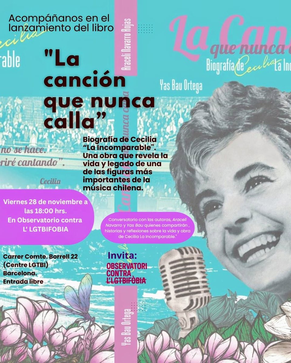 ✨ Este 28/11 a las 18:00 h presentamos La canción que nunca calla, biografía de Cecilia “La Incomparable”, en el <a href="/observatori_cat/">Observatori Contra l'LGTBI-fòbia</a> (C. Comte Borrell 22). Conversatorio con sus autoras y espacio de memoria y cultura 🇨🇱✨

🤝 Entrada libre
#PEFCONSULAR #CeciliaLaIncomparable