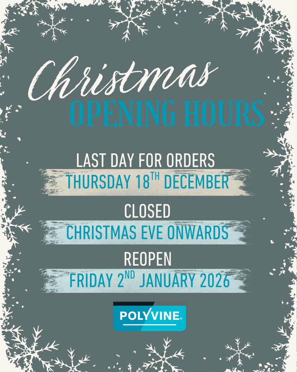 Polyvine's tweet image. With the festive season nearly upon us, it's probably a good time to make a note of our head office opening hours 🎄

#polyvine #polyvinevarnish #festiveperiod #openinghours